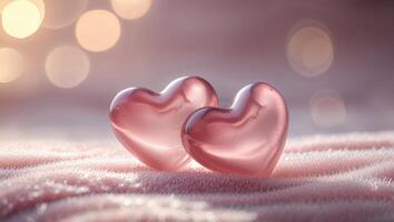 Two pink hearts resting on a soft pink surface. photo