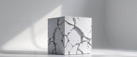 Standing Cube with Broken Surface Design in Abstract Studio Setting. photo