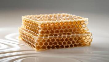 A stack of three pieces of honeycomb on a white surface photo