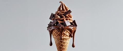 Decadent Chocolate Ice Cream Cone with Dripping Fudge and Chocolate Chunks on Crisp Waffle Cone. photo