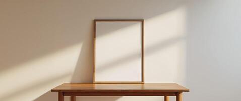 A wooden table with a mirror on top photo