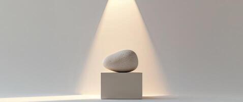 A stone on a white cube with a spotlight shining on it photo