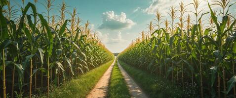 Sunlit pathway in lush green cornfield under bright summer sky. photo