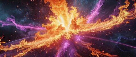 Explosive eruption of cosmic flames outer space digital art abstract wide angle energy burst. photo
