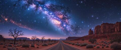 Stunning view of the Milky Way arching over a desert road during a clear night. photo