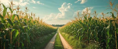 Sunlit pathway in lush green cornfield under bright summer sky photo