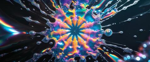 Dramatic Overhead View of Floating Prismatic Soap Suds Casting Kaleidoscopic Reflections on a Shadowy Plane photo