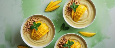 Top view of mango smoothie bowls with sliced mango on green background with copy space. photo