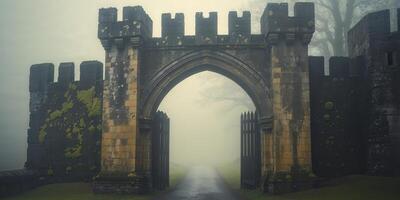 Mysterious Medieval Stone Castle Gate with Foggy Entrance Path Scene photo