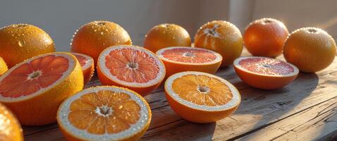 Fresh Oranges and Grapefruits Cut on Wood Table in Sunlight photo