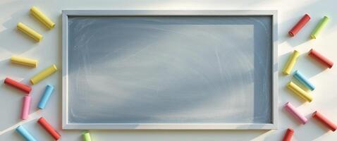 Empty Chalkboard with Colorful Chalks Ready for Learning and Creative Writing Activities photo