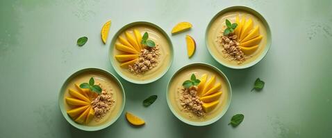 Top view of mango smoothie bowls with sliced mango on green background with copy space photo