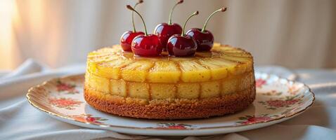 A pineapple upside down cake with cherries on top photo