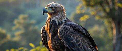 An eagle is sitting on a branch with trees in the background photo