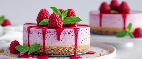 Two cheesecakes with raspberry sauce and raspberries photo