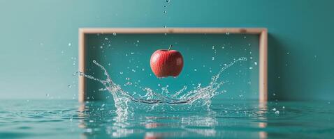 An apple falling into water with a frame in the background photo