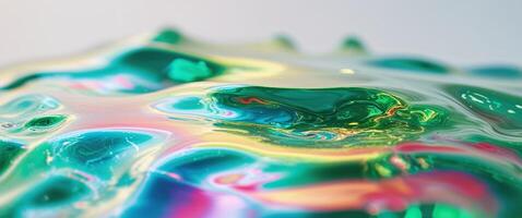 A close up of a colorful liquid with a green and pink color photo