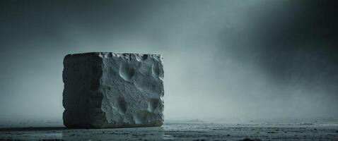 A stone block sitting on the ground in a dark room photo