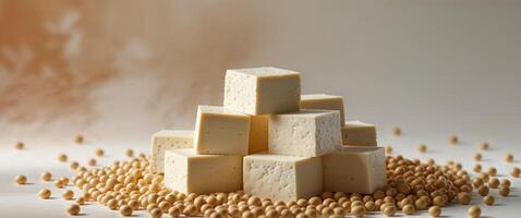 tofu cut into cubes with soybeans in the background. photo