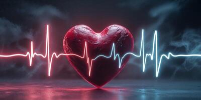 Glowing red heart with heartbeat line transitioning into blue heartbeat line on dark background photo