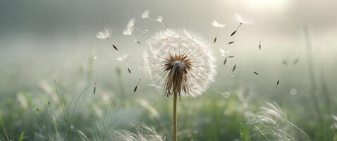 A dandelion blowing in the wind with the sun in the background photo
