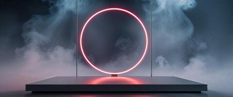 A red neon light is on a table in front of smoke photo