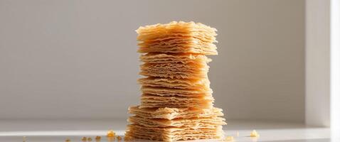 Layered crispy honey pastry squares stacked in a bright setting with soft natural lighting emphasizing the flaky texture and golden glaze. photo