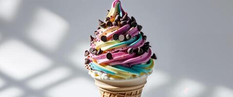 Delicious Swirled Ice Cream Cone with Colorful Swirls and Chocolate Sprinkles on a Soft Creamy Top Ready to Savor on a Bright Background photo