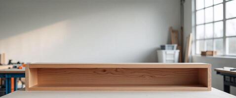Freshly Finished Wooden Shelf in Bright Workshop Setting. photo