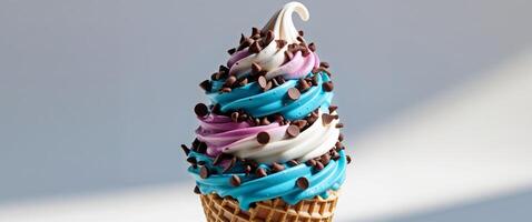 Delicious Swirled Ice Cream Cone with Colorful Swirls and Chocolate Sprinkles on a Soft Creamy Top Ready to Savor on a Bright Background. photo
