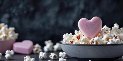 Heart Shaped Candy and Popcorn Bowl on Dark Background photo