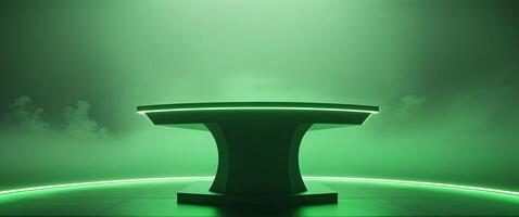 Illuminated Stage Podium with Green Neon Lighting and Foggy Background. photo