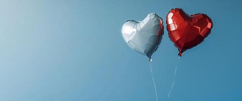 Red and White Heart Balloons on Blue Background. photo
