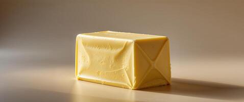 Golden Butter Block on Neutral Background with Soft Shadows. photo