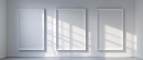 Three large blank white frames hanging on the wall in an art gallery ready for display. photo