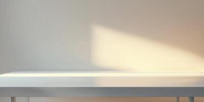 An empty table in front of a wall photo