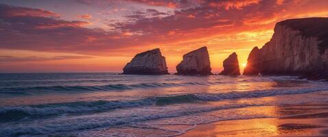 Sunset at the beach with three rock formations photo