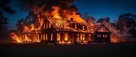 A burning house with flames and smoke coming out of it photo