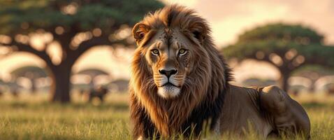 A lion is sitting in the grass with trees in the background photo