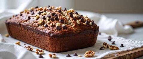 A loaf of banana bread with chocolate chips photo