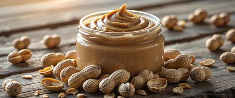 Peanut butter in jar on wooden table photo