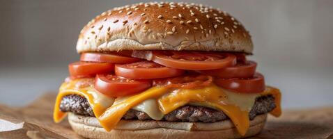 A cheeseburger with tomatoes and cheese on top photo