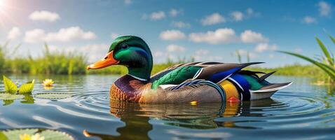 A duck floating in a pond with grass and flowers photo