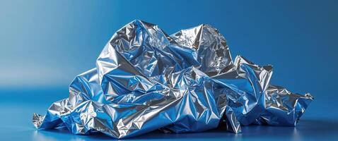 A pile of silver foil on a blue background photo