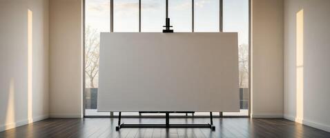 An empty room with a large blank canvas photo