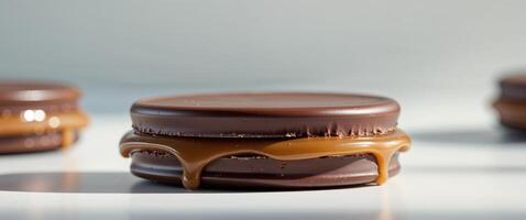 Chocolate macarons with caramel drizzle photo