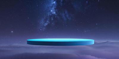 A blue platform floating in the sky with stars photo
