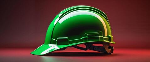 A green hard hat positioned at an angle on a deep red background with soft lighting photo
