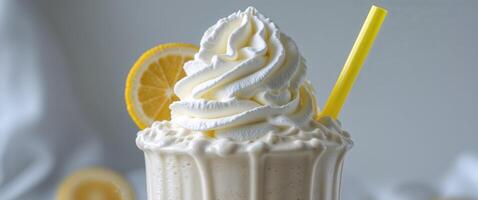 Creamy Vanilla Milkshake with Whipped Cream and Yellow Straw. photo