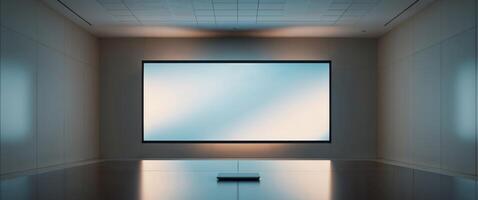 A projector screen shows a presentation in an empty boardroom photo